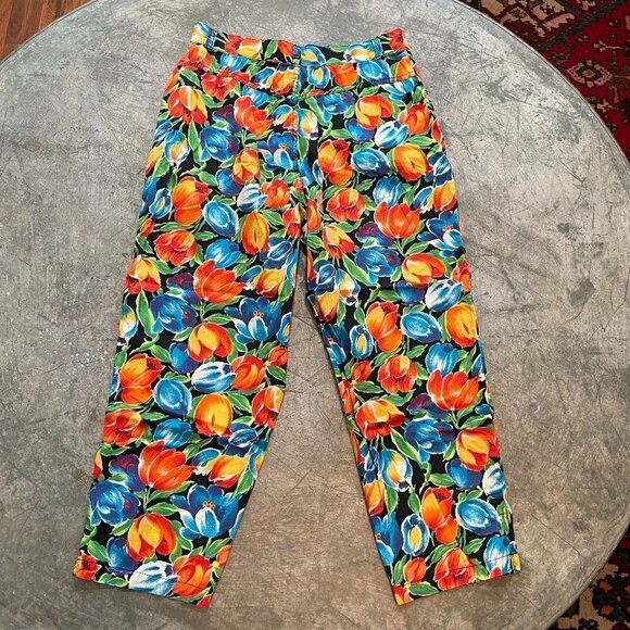 Vintage 80s 90s High Waisted Gap Floral Tropical Pants Womens Large - Picture 8 of 12
